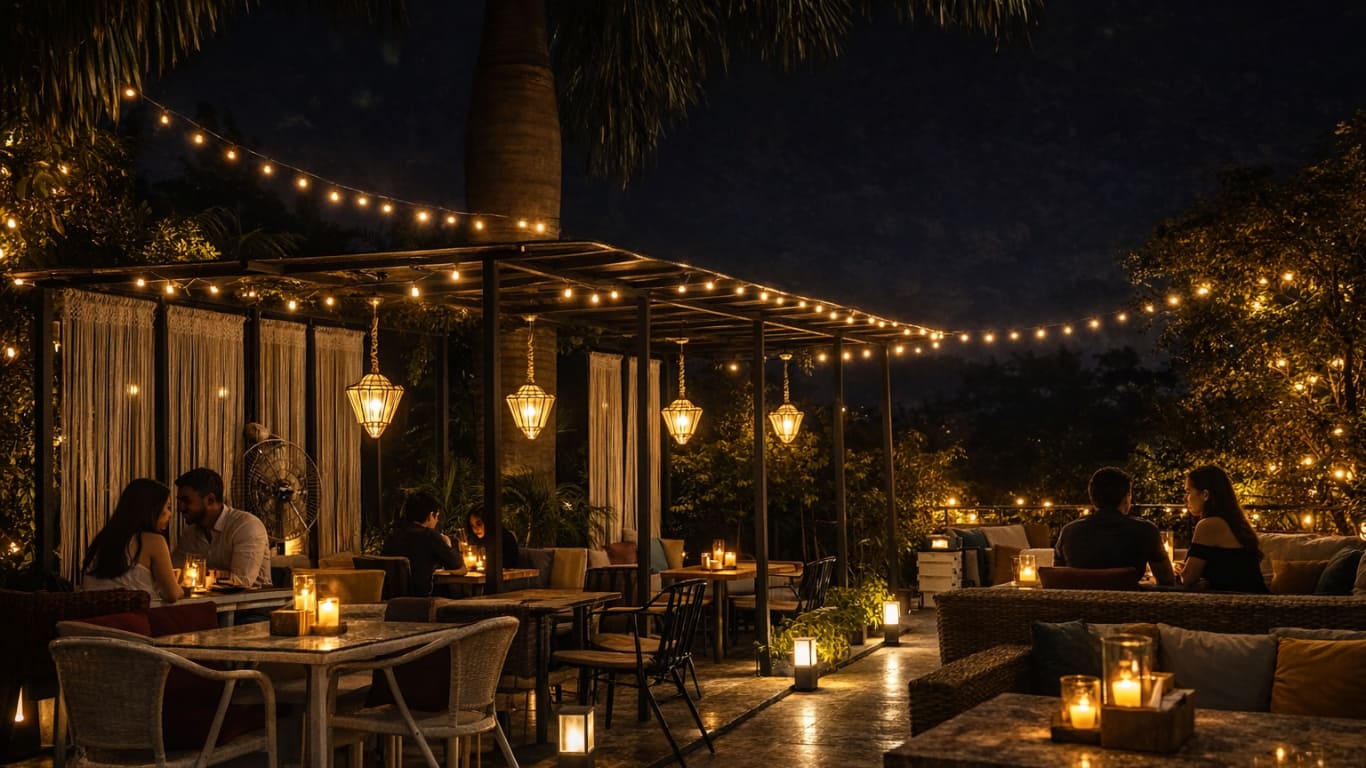 Night view from a rooftop cocktail bar