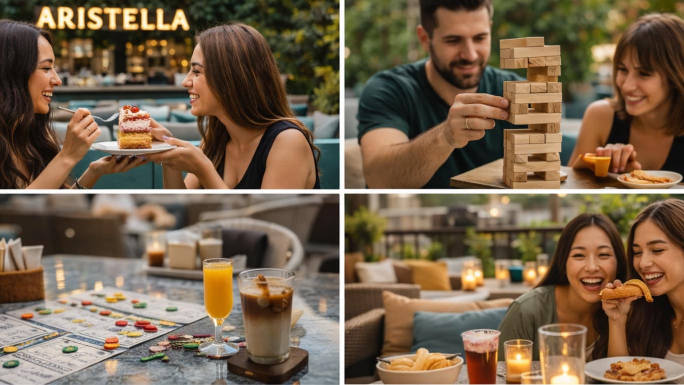 Outdoor rooftop cocktail bar with ambient lighting