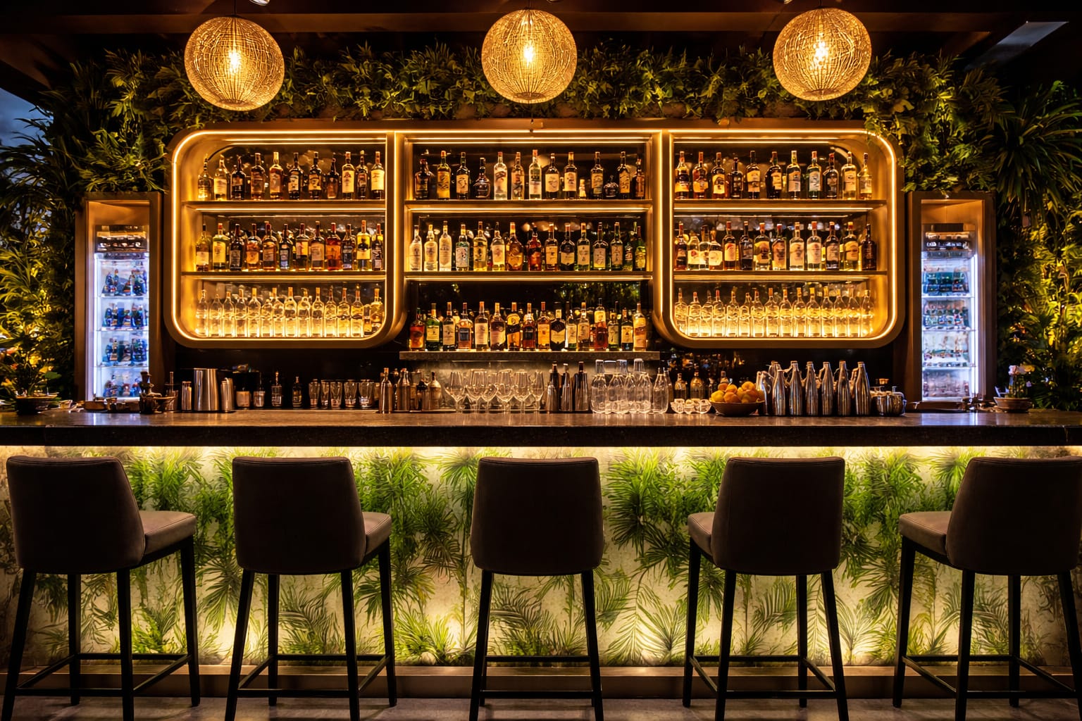 Rooftop cocktail bar with city skyline views