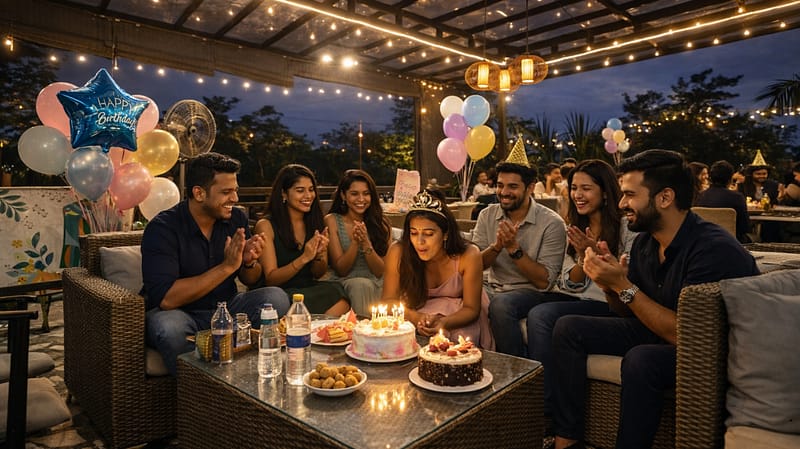 Birthday celebration on a rooftop with fairy lights