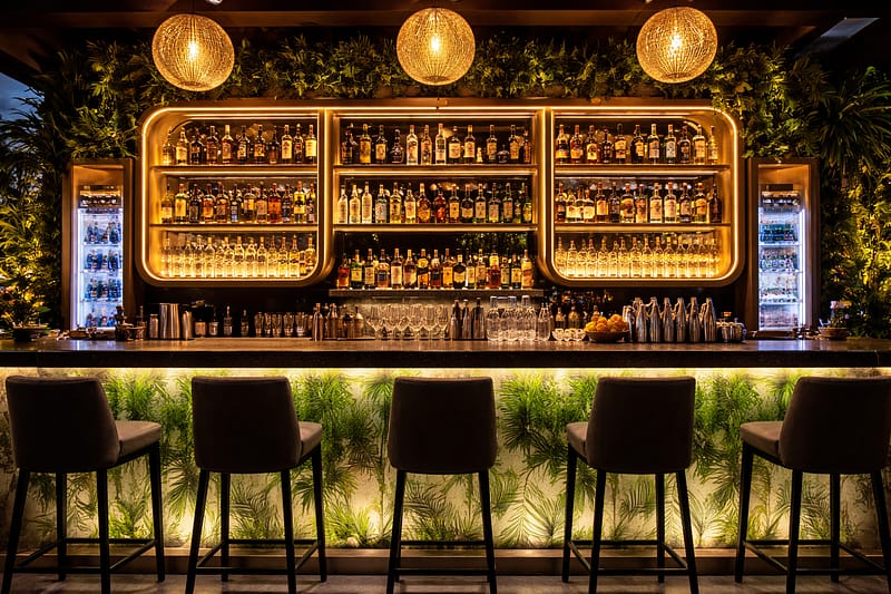 Rooftop cocktail bar with city skyline views