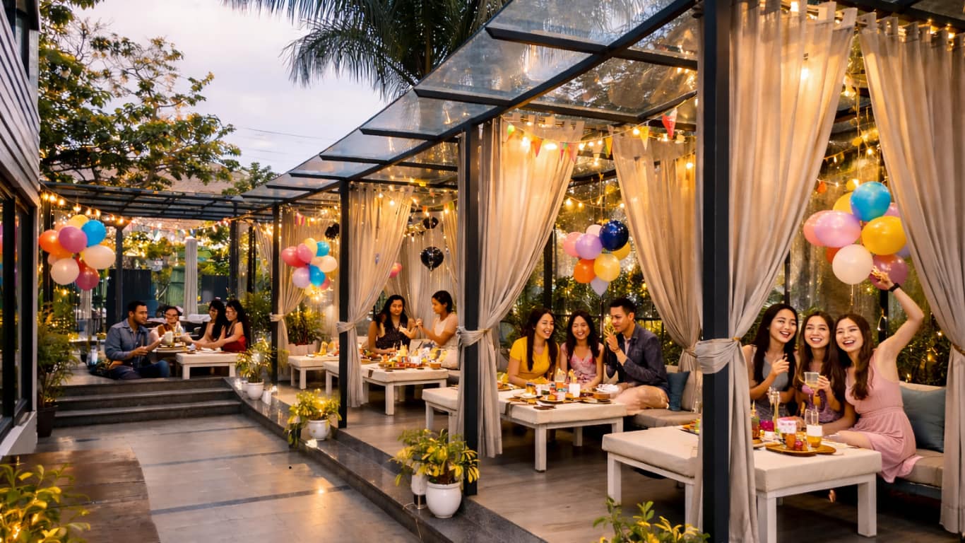 Birthday party celebration with balloons and cake at Aristella Café & Bar